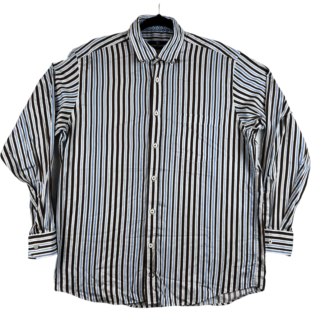 Bugatchi Uomo Button down long sleeve blue/brown stripe Shirt 100% Cotton sz L